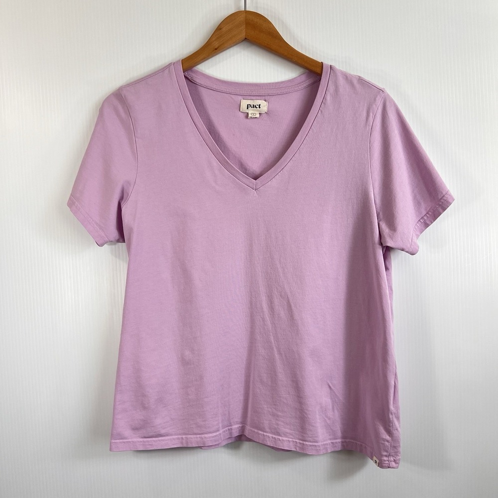 Pact Organic Cotton Shirt Womens Size Large V-Neck‎ Short Sleeve Purple *FLAW*